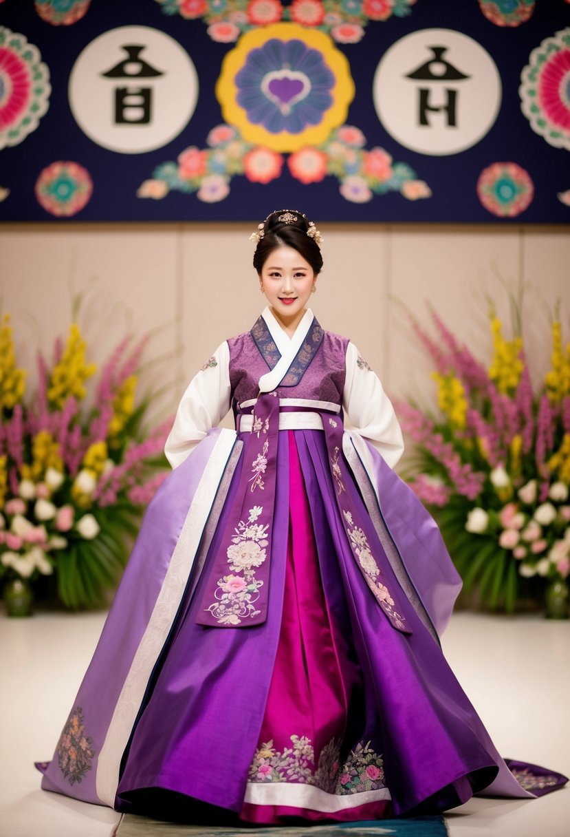 A flowing purple hanbok with intricate embroidery, set against a backdrop of traditional Korean wedding symbols and vibrant floral patterns