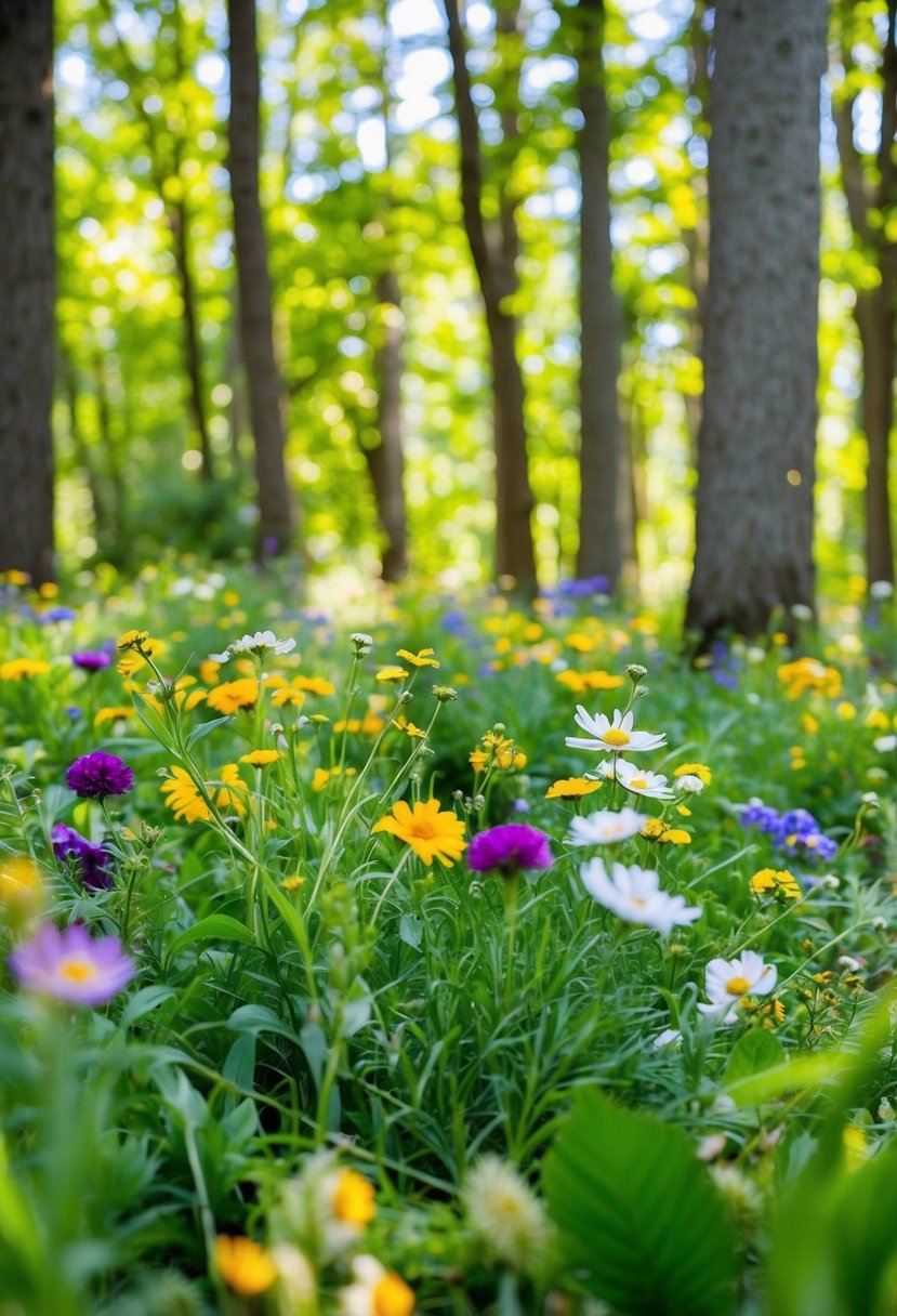 A lush woodland clearing filled with colorful wildflowers, dappled sunlight filtering through the trees, perfect for gathering natural bouquets for a woodland wedding