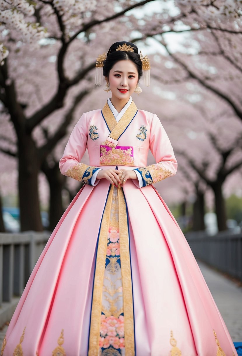 A pink Korean wedding dress with regal gold embroidery, set against a backdrop of cherry blossom trees in full bloom