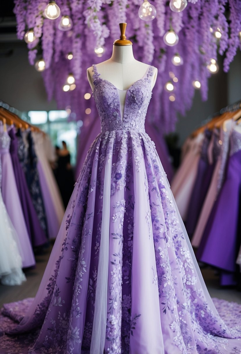 A lavender floral bridal gown hangs on a mannequin, surrounded by purple Korean wedding dress ideas