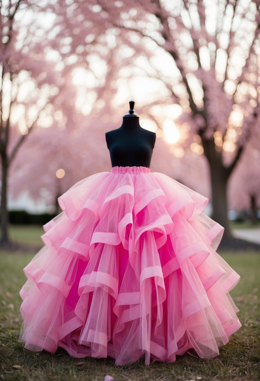 A voluminous tulle skirt in pink, cascading down in layers, creating a fairytale-like effect