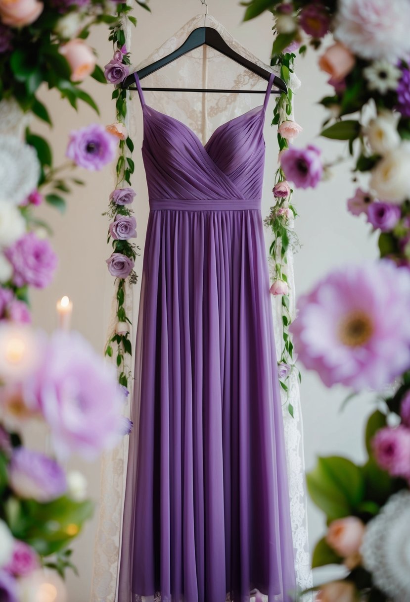 A flowing purple chiffon wedding dress hangs on a hanger, surrounded by delicate floral and lace details