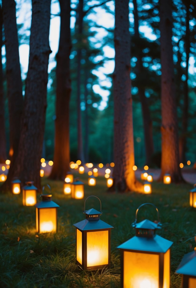 Lanterns casting a warm glow among trees, creating a magical woodland wedding ambiance