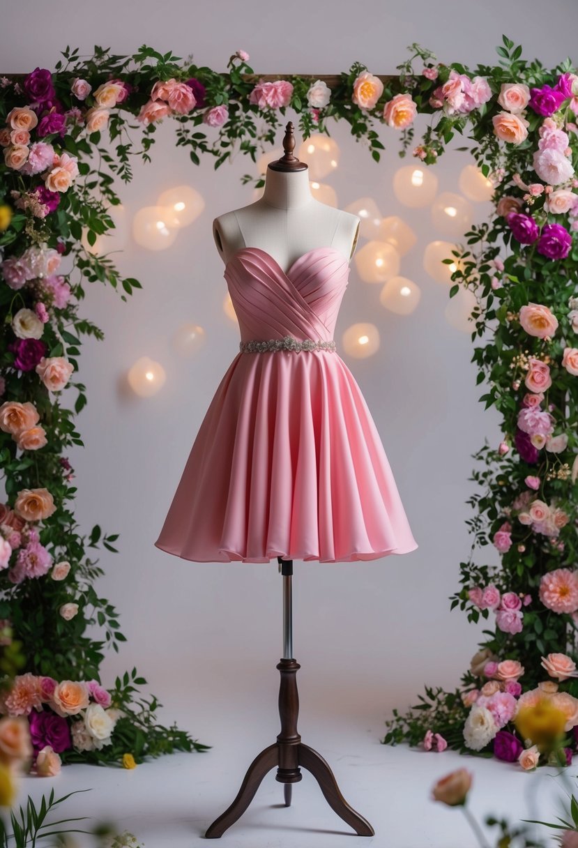 A short pink cocktail dress on a mannequin, surrounded by vibrant floral decorations and soft, romantic lighting