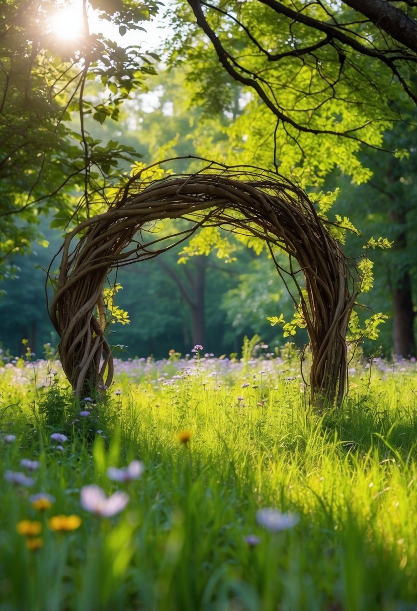 A serene clearing in a lush forest, with a natural arch of intertwined branches and wildflowers, dappled sunlight filtering through the trees