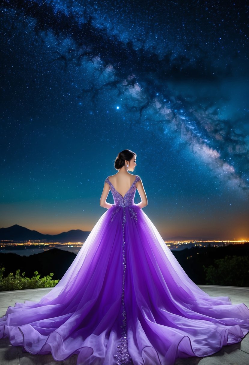 A flowing purple gown under a starry night sky, with shades of blue and silver, inspired by Korean wedding dress designs