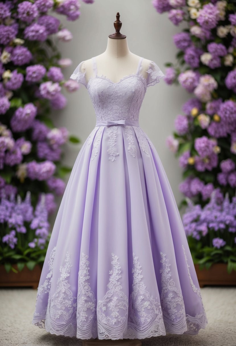 A lavender tea length dress with delicate lace details, set against a backdrop of blooming purple flowers and traditional Korean wedding motifs