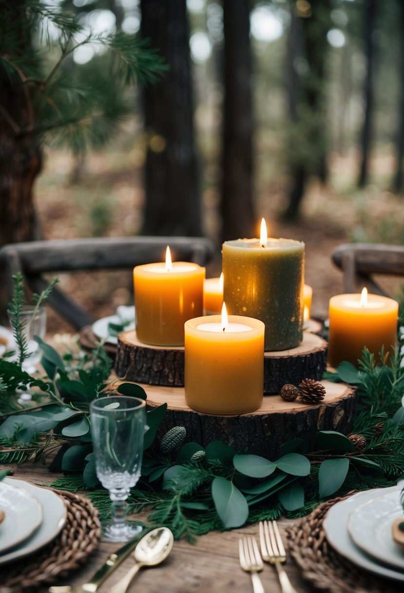 A wooden table adorned with earthy, scented candles surrounded by woodland foliage and rustic decor