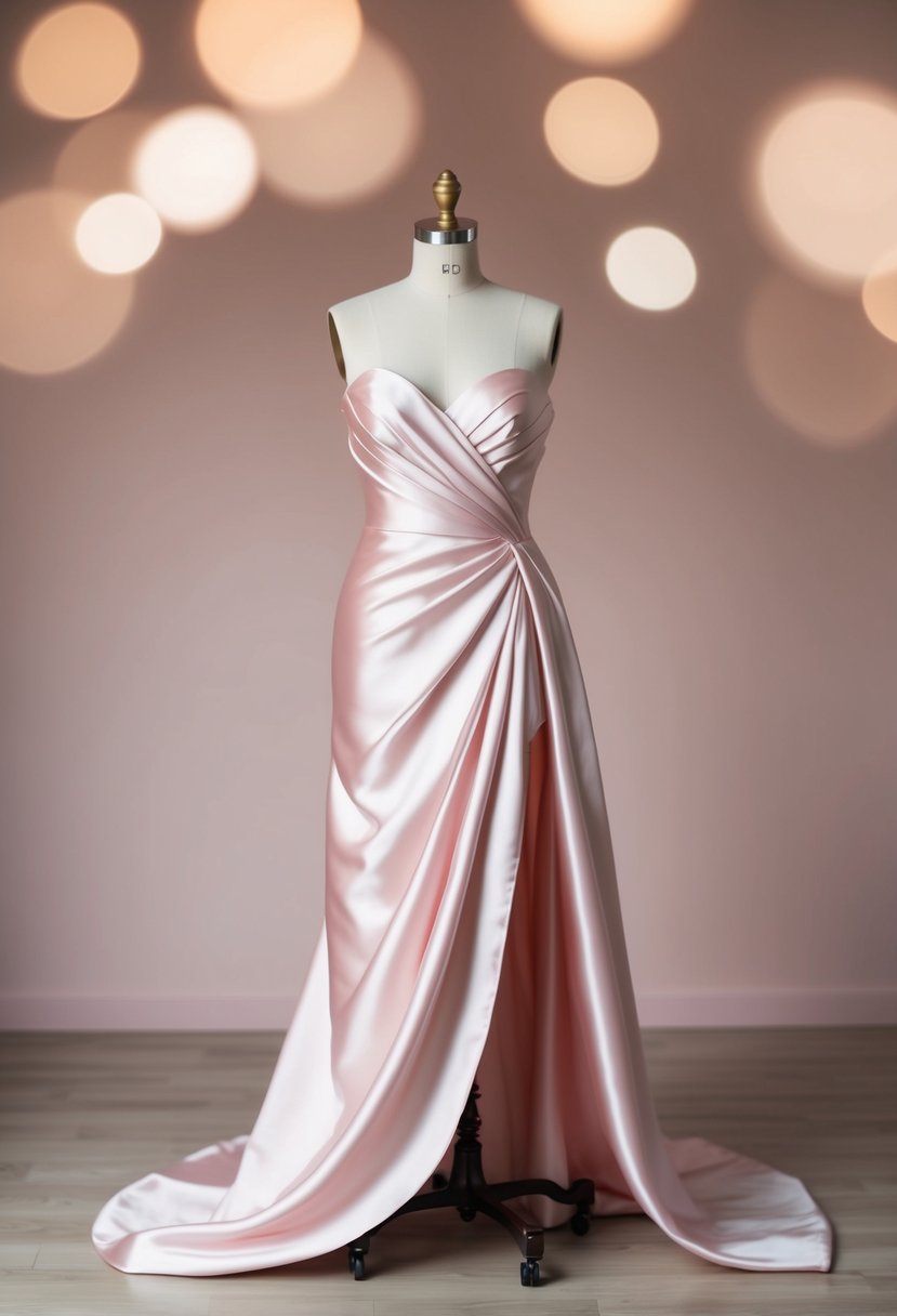 A light pink satin gown draped elegantly on a mannequin, exuding sophistication and grace