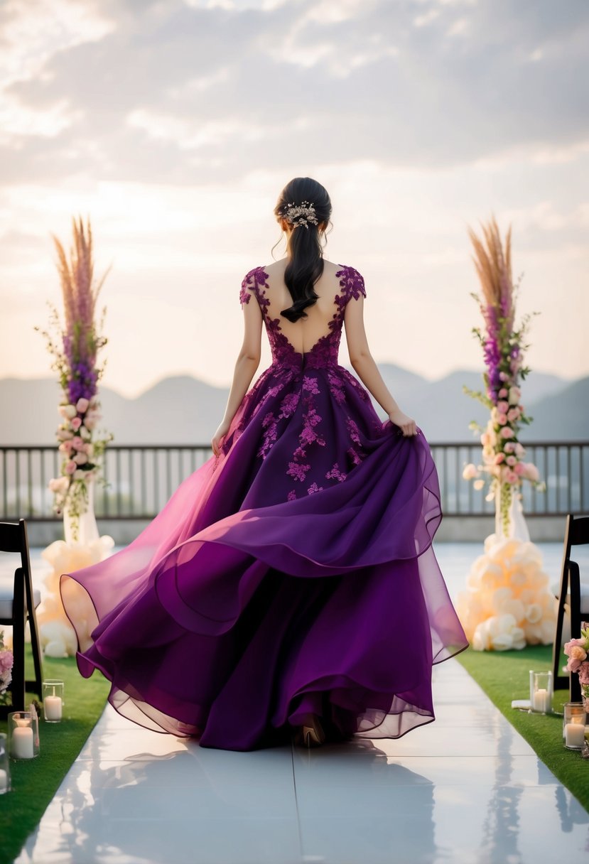 A deep purple floral dress flowing in the wind, surrounded by Korean wedding decor