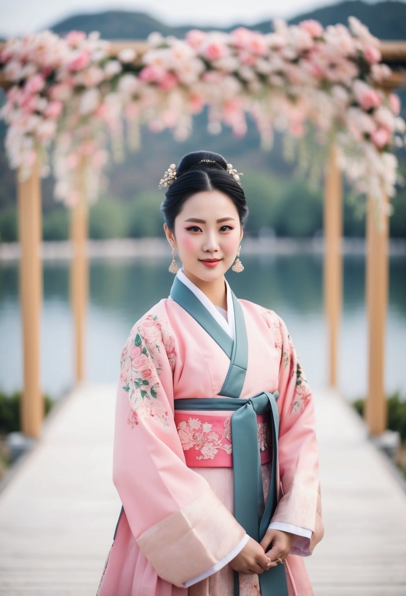 A boho-chic hanbok in shades of pink, adorned with intricate floral patterns, set against a serene Korean wedding backdrop