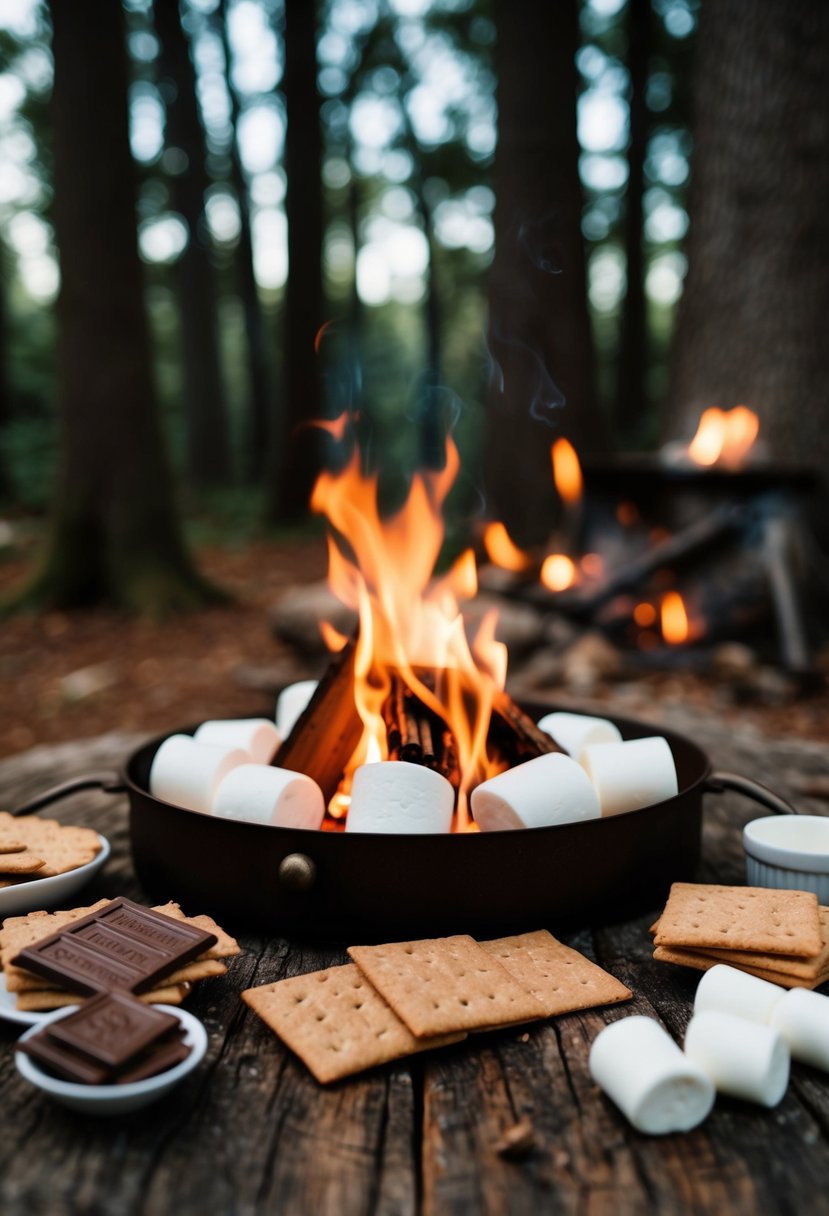 A cozy woodland scene with a rustic s'mores station, complete with a crackling campfire, marshmallows, graham crackers, and chocolate