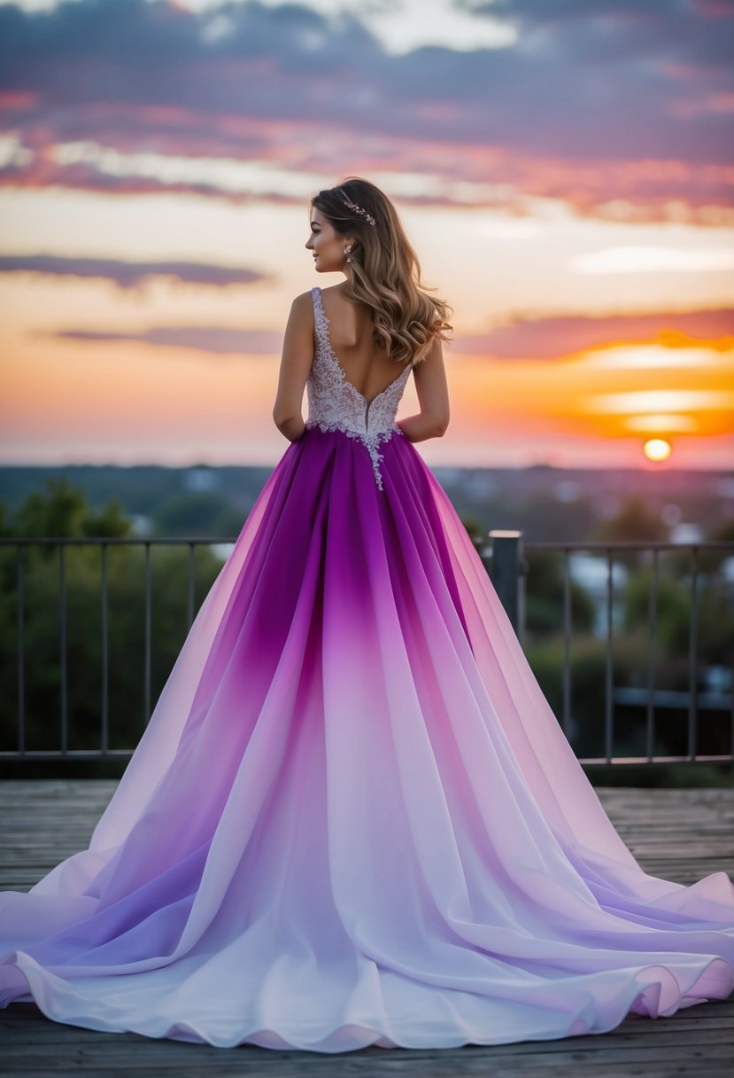 A flowing violet ombre wedding gown against a sunset backdrop