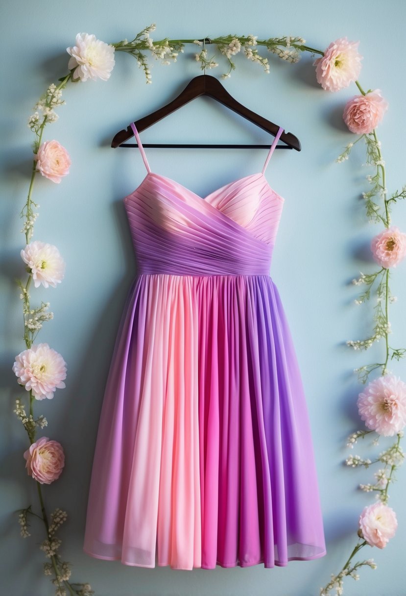 A pink and lavender ombre dress hangs on a decorative hanger, surrounded by delicate floral accents