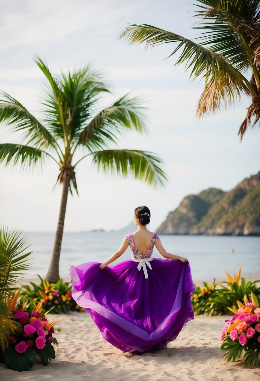 A serene beach setting with a vibrant purple Korean wedding dress flowing in the breeze, surrounded by tropical flowers and palm trees