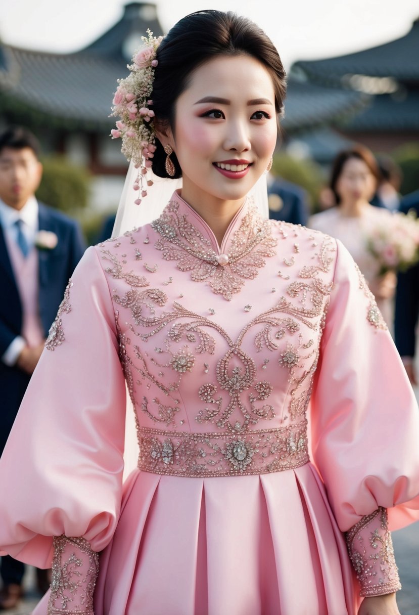 A pink dress adorned with intricate beading, exuding glamour for a Korean wedding