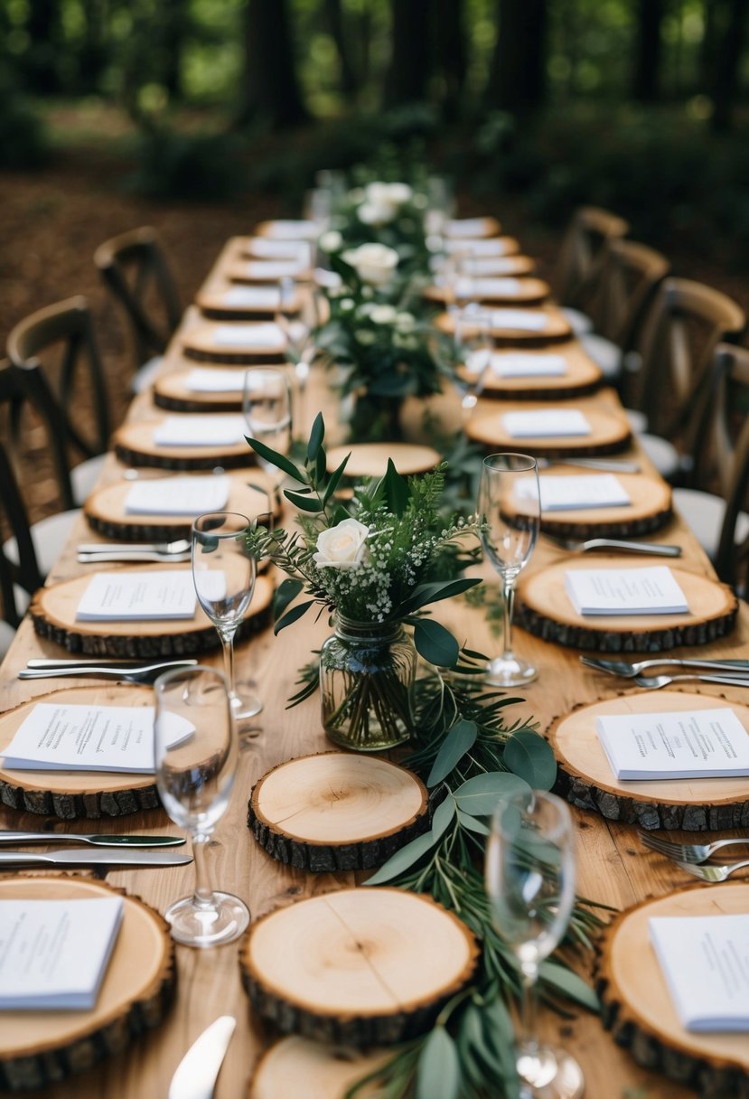 Wooden slices arranged with rustic tableware and greenery for a woodland wedding setting