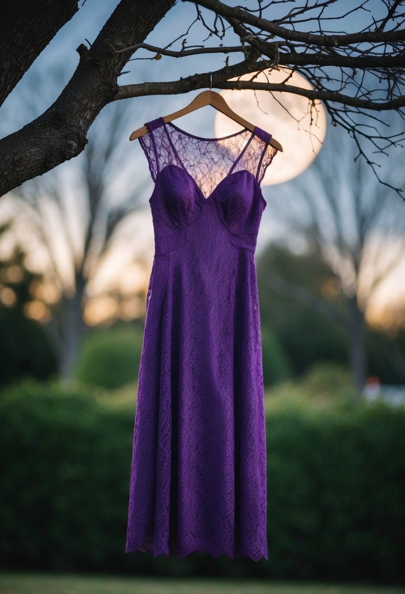 A purple lace dress hanging on a moonlit tree branch