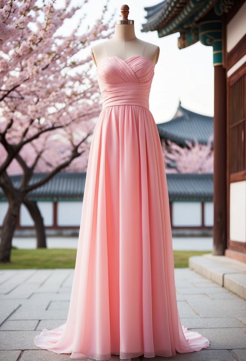 A strapless pink dress with a flowing chiffon overlay, set against a backdrop of cherry blossom trees and traditional Korean architecture