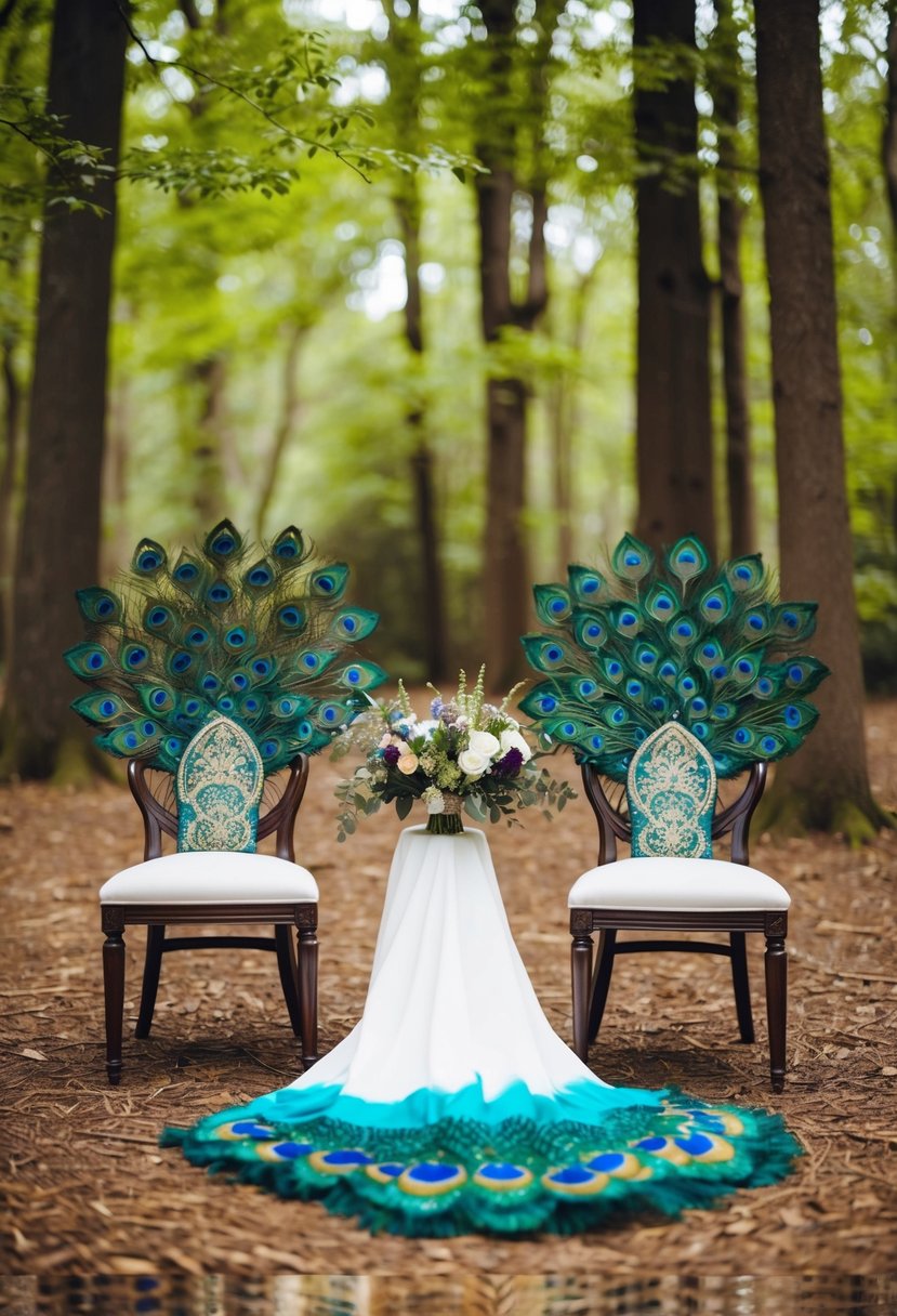 A woodland wedding scene with peacock chairs adorned in bohemian style decor