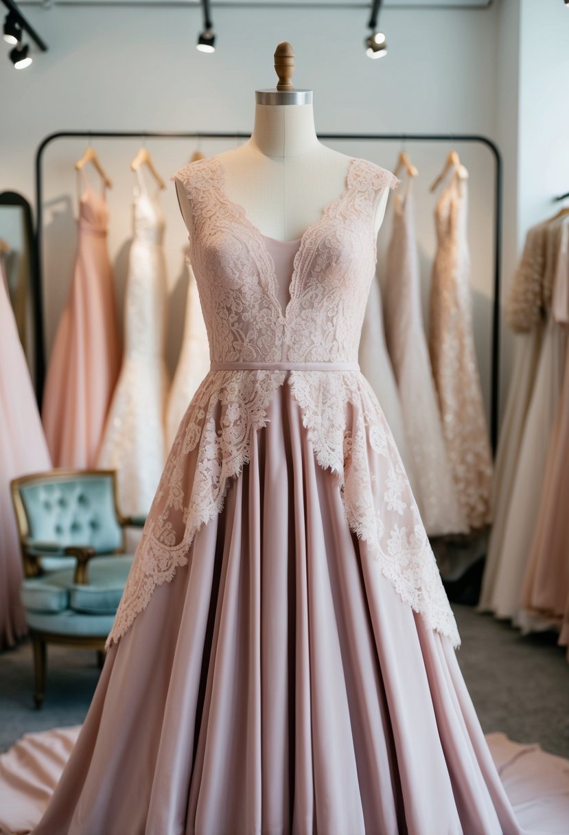 A dusty pink gown with vintage lace draped over a mannequin in a softly lit bridal boutique