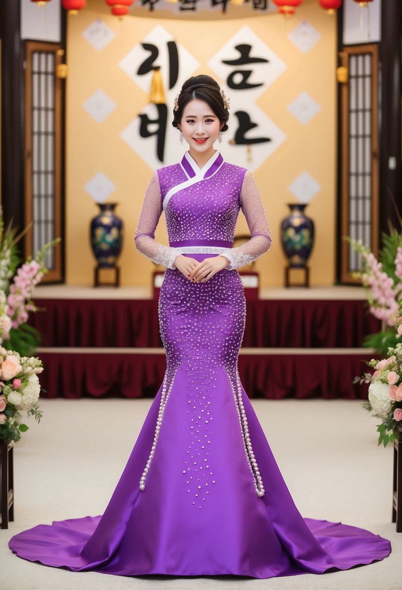 A mermaid-cut purple Korean wedding dress adorned with pearl beading, set against a backdrop of traditional Korean wedding decor