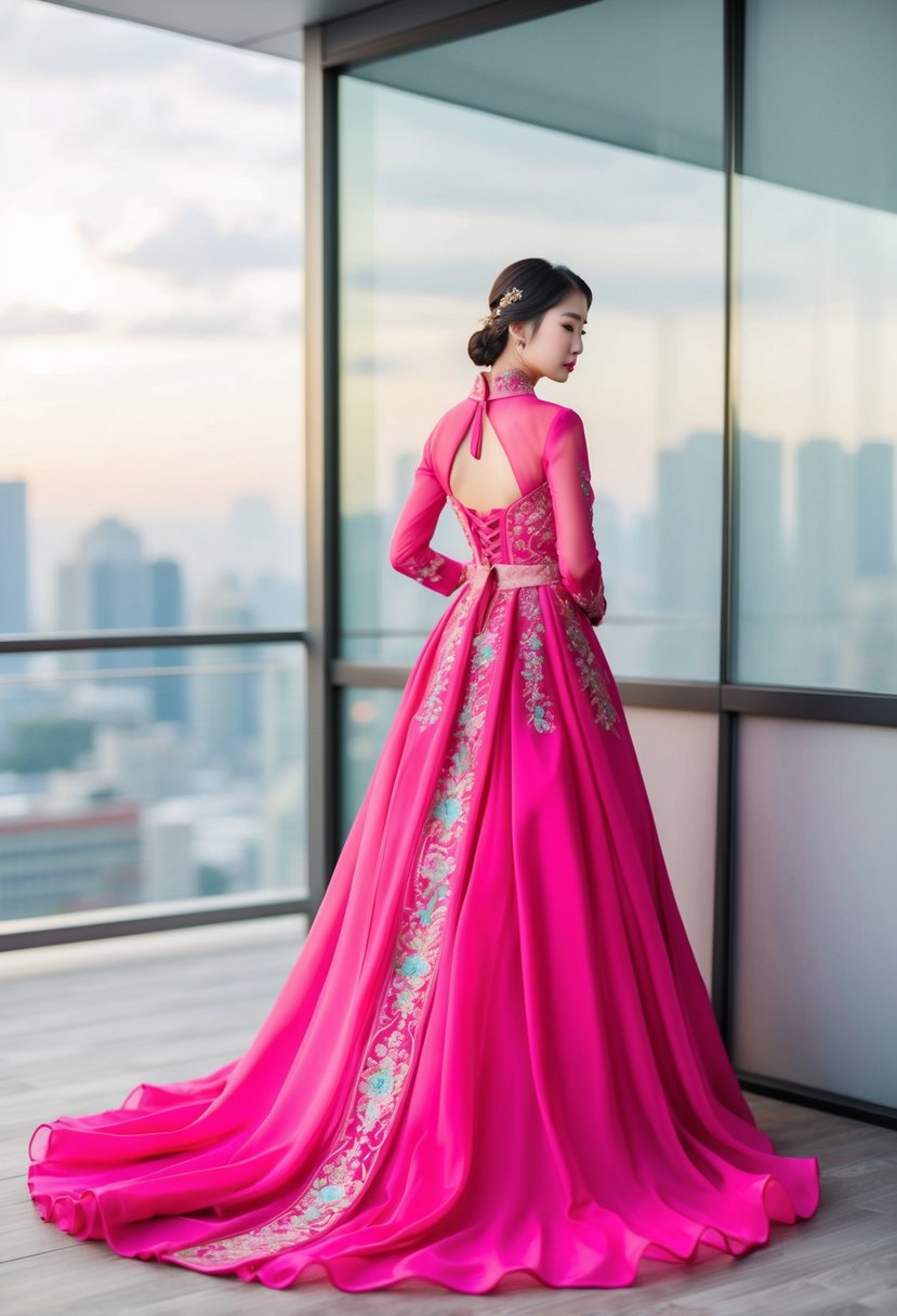 A flowing hot pink gown with intricate Korean-inspired details, set against a modern backdrop