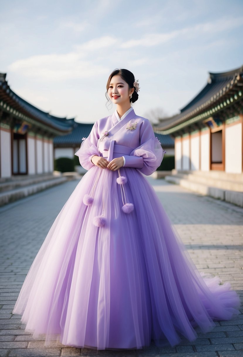 A flowing purple tulle gown adorned with sweet puff details, inspired by traditional Korean wedding attire