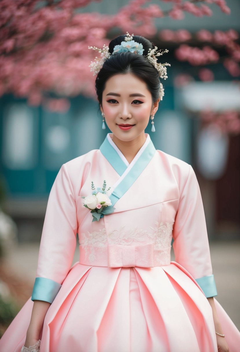 A pink Korean wedding dress with delicate baby blue accents