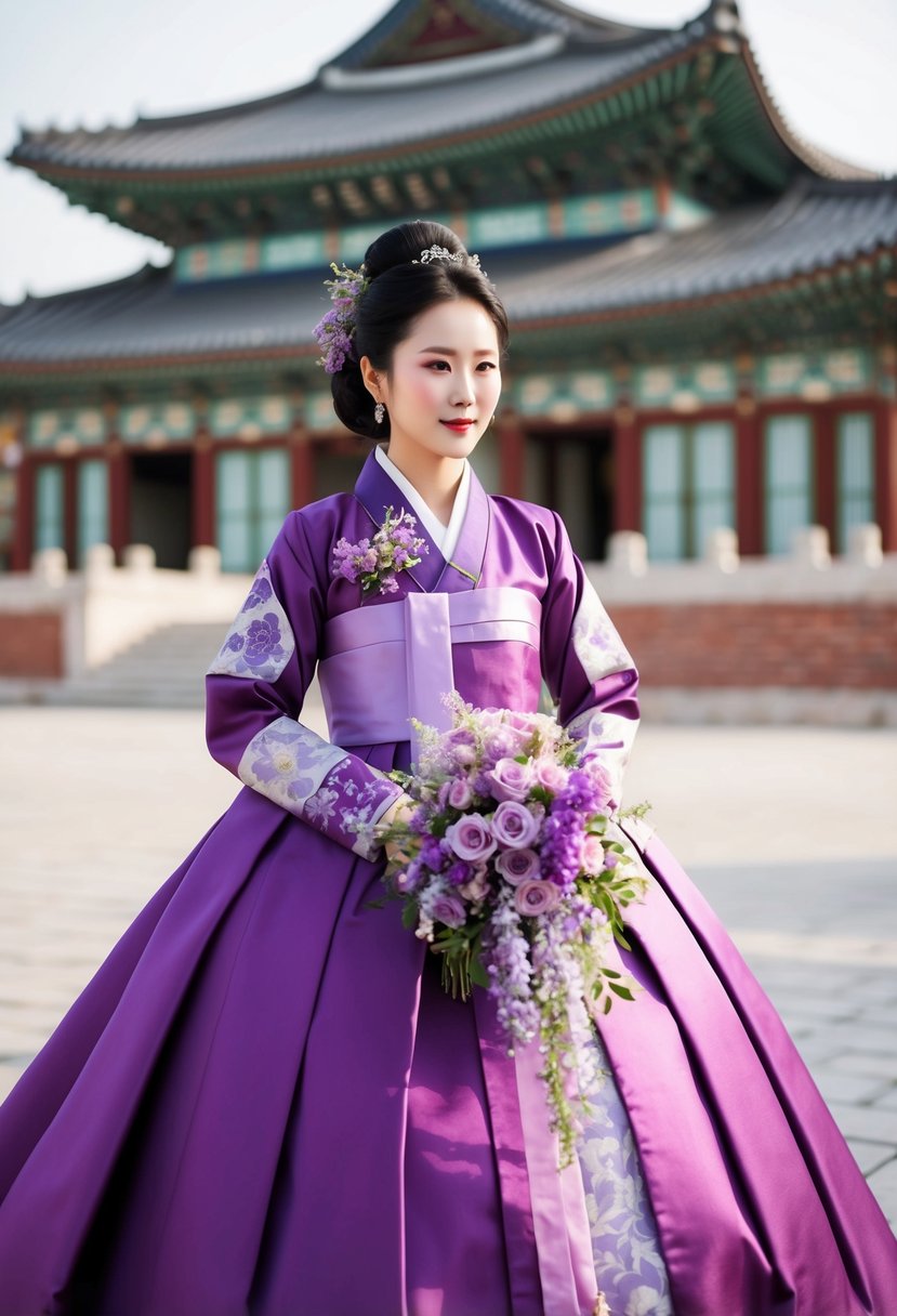 A regal purple Korean bridal gown adorned with delicate violet flowers, set against a backdrop of traditional Korean architecture