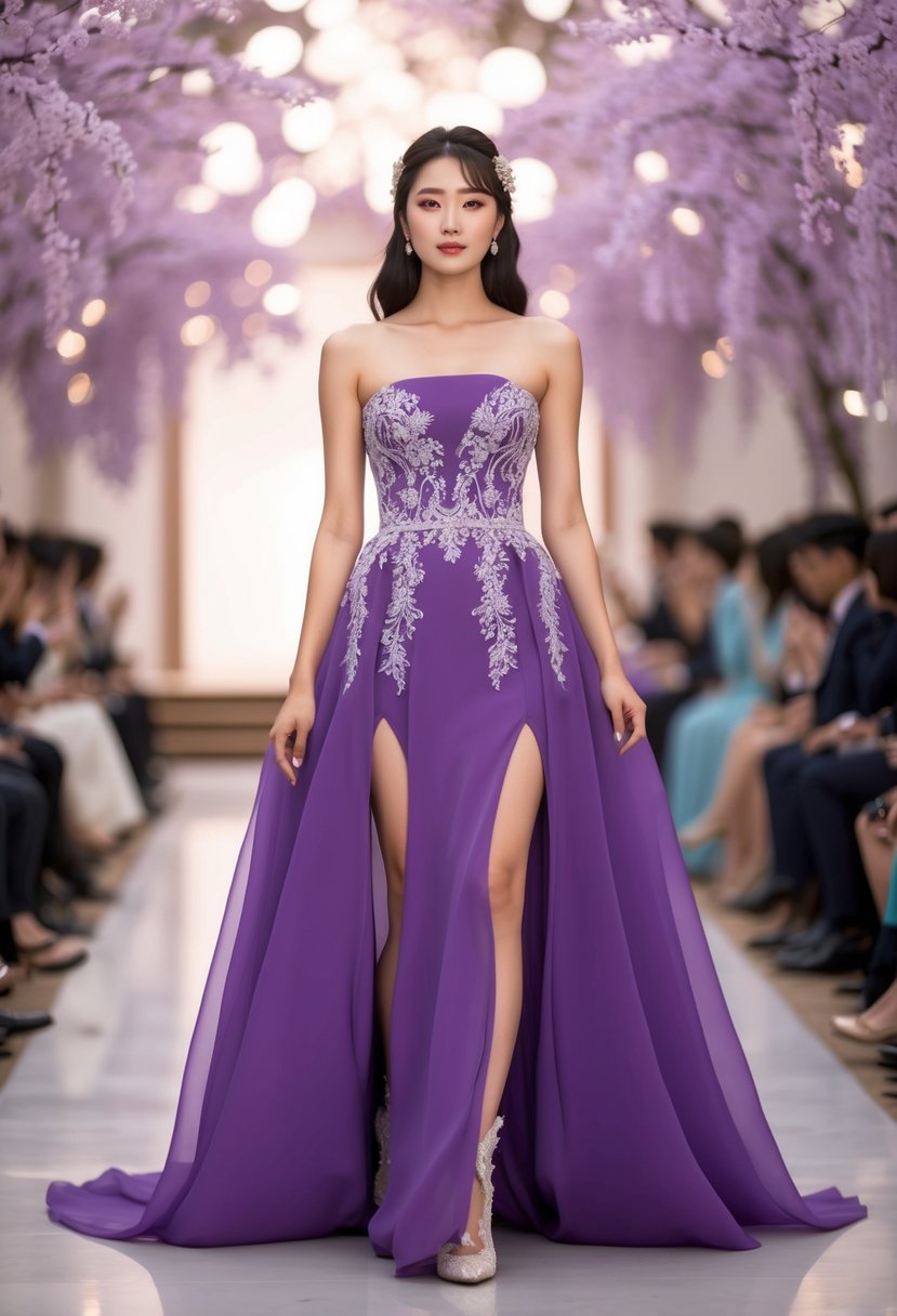 A flowing purple strapless wedding dress with a high leg split, adorned with intricate Korean-inspired embroidery and delicate lace details