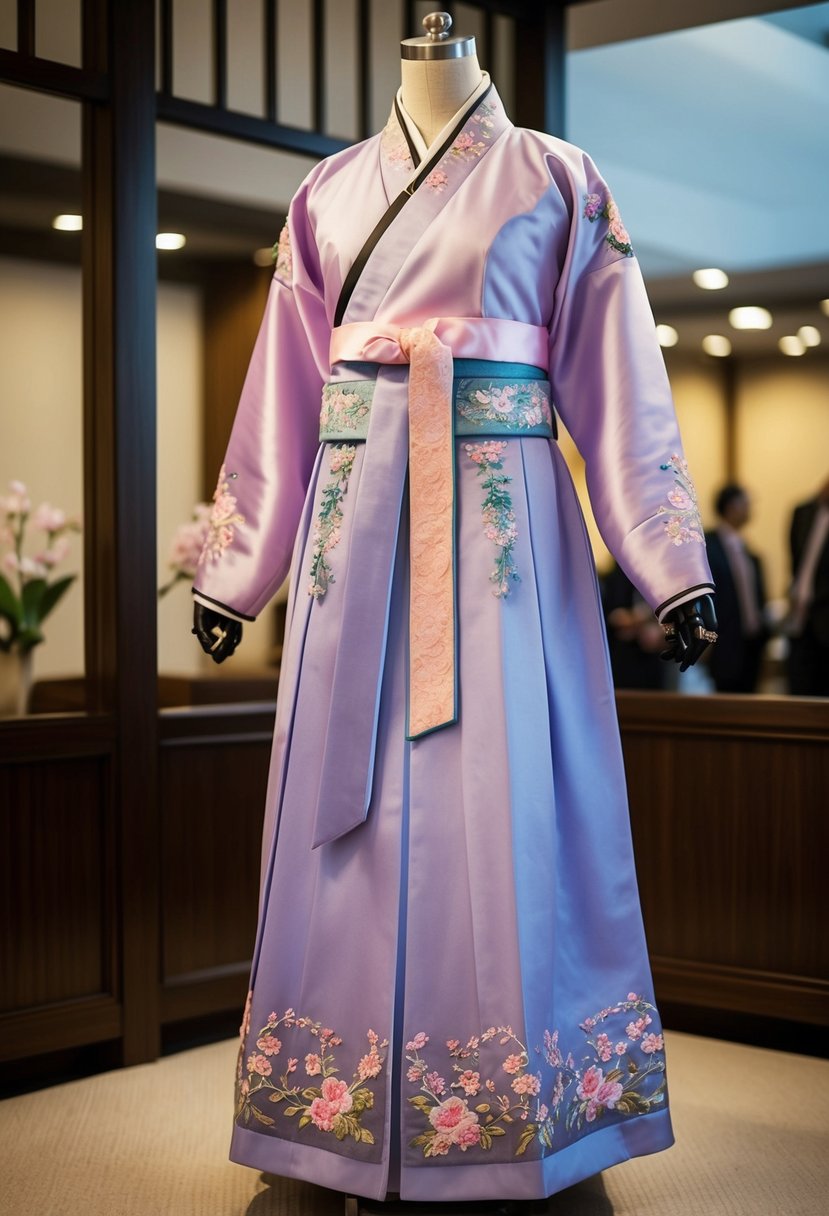 An elegant orchid-colored Korean Hanbok displayed on a mannequin, adorned with intricate embroidery and delicate floral patterns