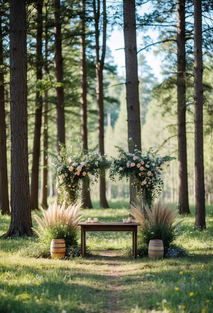 A serene woodland clearing with a rustic altar adorned with wildflowers, surrounded by tall trees and dappled sunlight