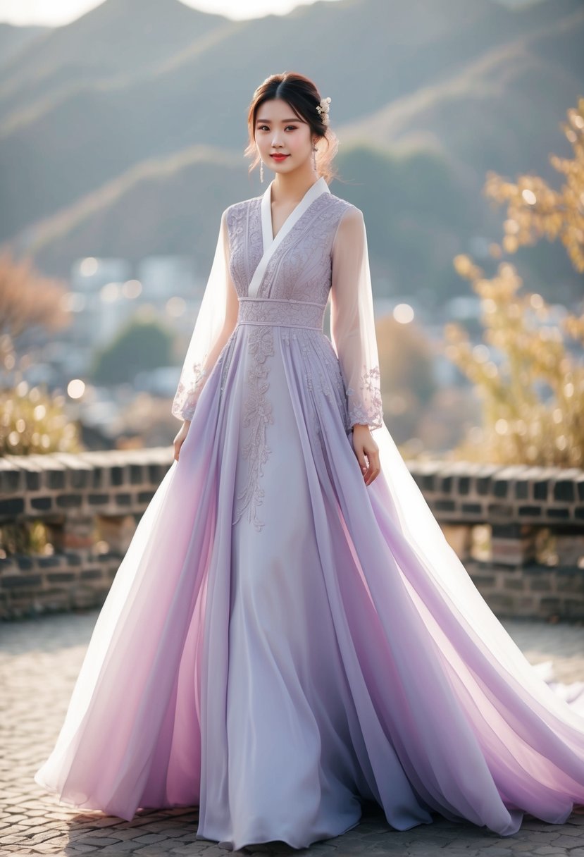 A flowing lilac bohemian style gown with intricate Korean wedding dress details