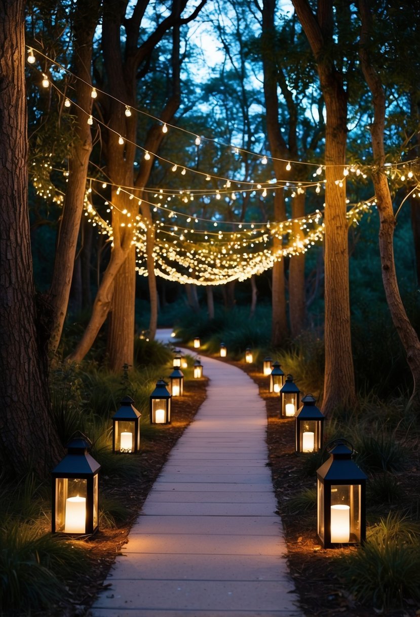 Lantern-lit pathways wind through a magical woodland, adorned with twinkling fairy lights, creating an enchanting setting for a wedding