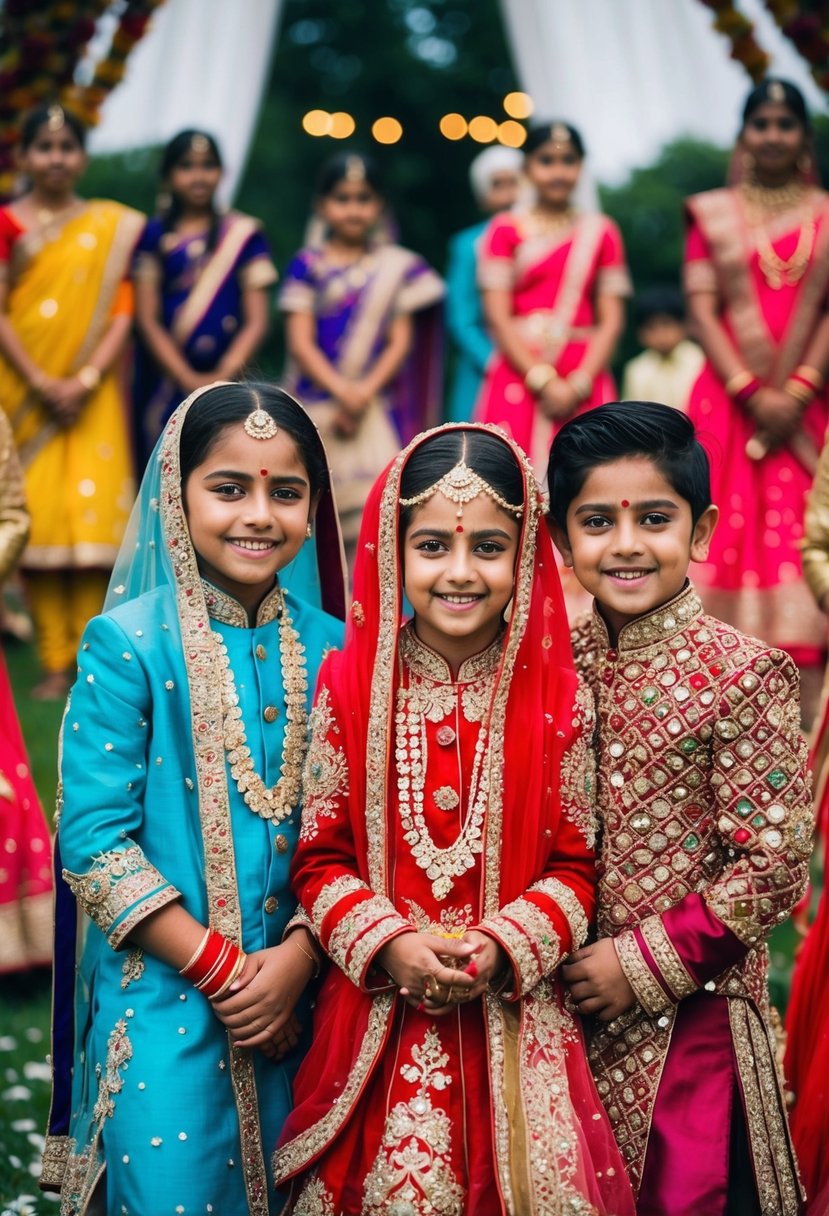 A vibrant scene of kids in colorful Indian wedding attire, adorned with intricate embroidery and sparkling embellishments