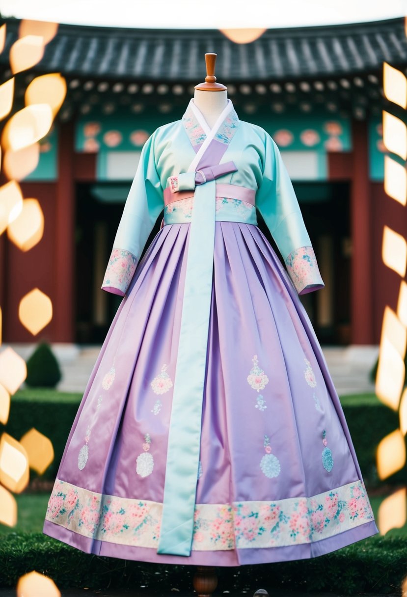 A pastel purple traditional Hanbok wedding dress displayed on a mannequin