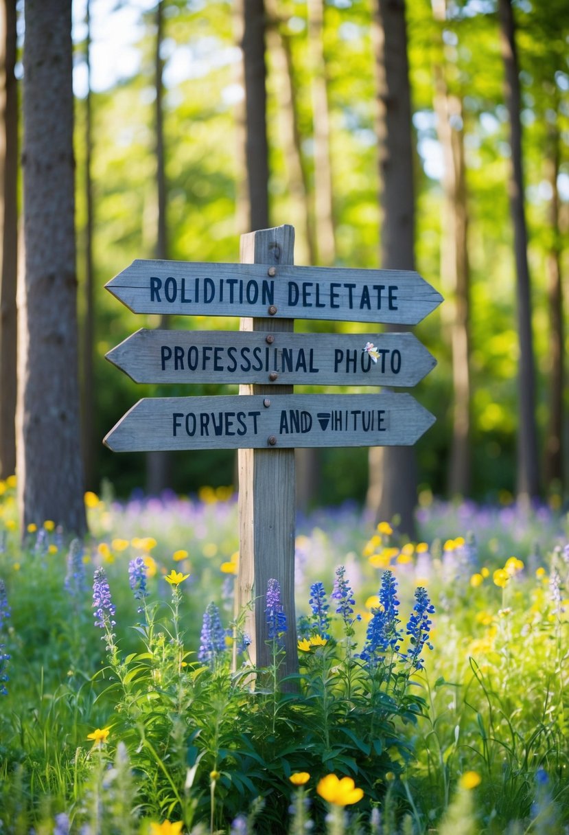 A wooden signpost surrounded by wildflowers in a forest clearing, with sunlight filtering through the trees