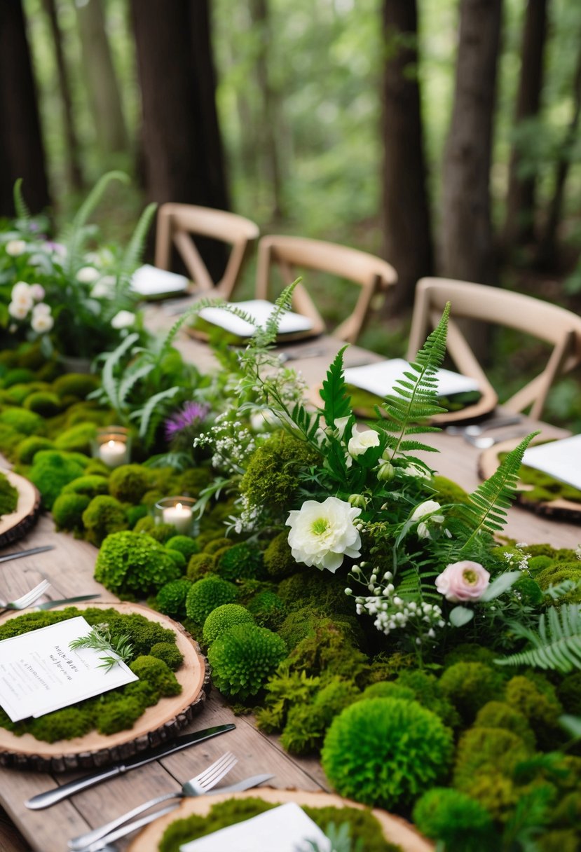 Lush moss and ferns cover the wooden table, accented with wildflowers and delicate greenery, creating a natural and enchanting centerpiece for a woodland wedding