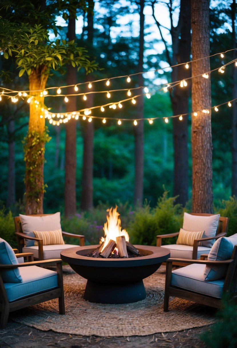 A rustic fire pit surrounded by comfortable seating, nestled in a woodland clearing adorned with twinkling string lights and lush greenery