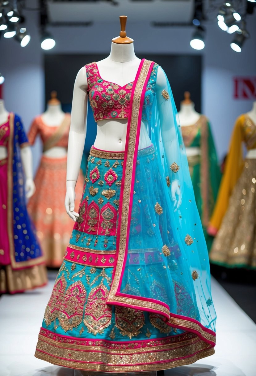 A colorful Lehenga Choli set displayed on a mannequin, adorned with intricate embroidery and traditional Indian patterns