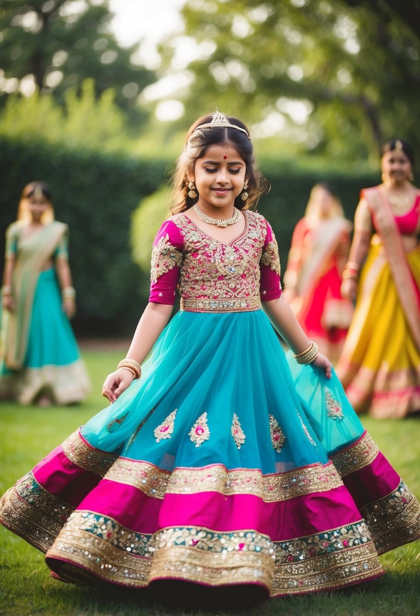 A young girl twirls in a vibrant Anarkali gown, adorned with intricate embroidery and shimmering sequins, as she imagines herself as a princess at an Indian wedding