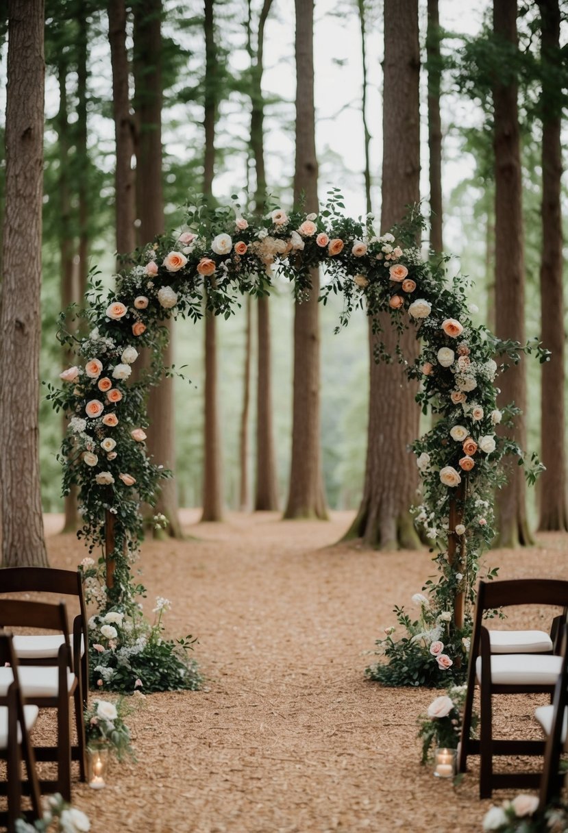 A woodland clearing with flower-adorned arches framing a magical ceremony backdrop