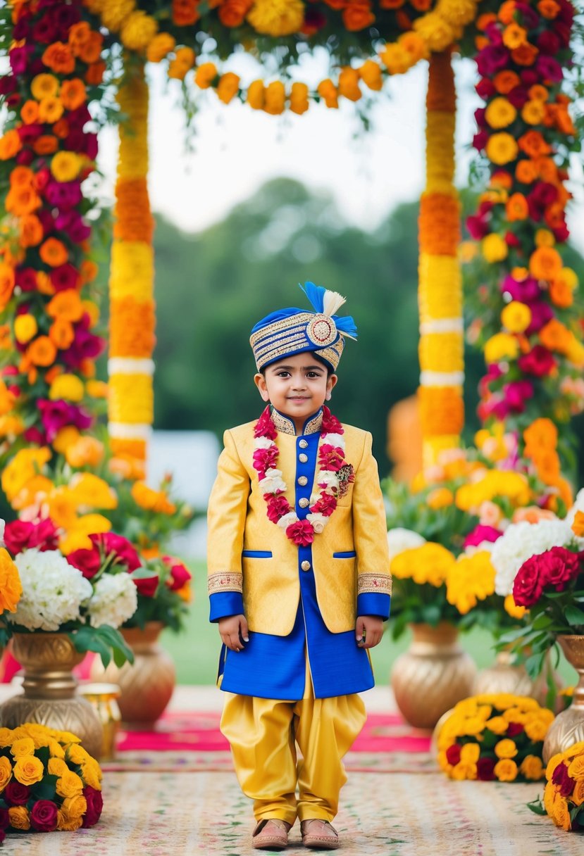 A young child in a colorful Sherwani suit, surrounded by vibrant flowers and traditional Indian wedding decorations