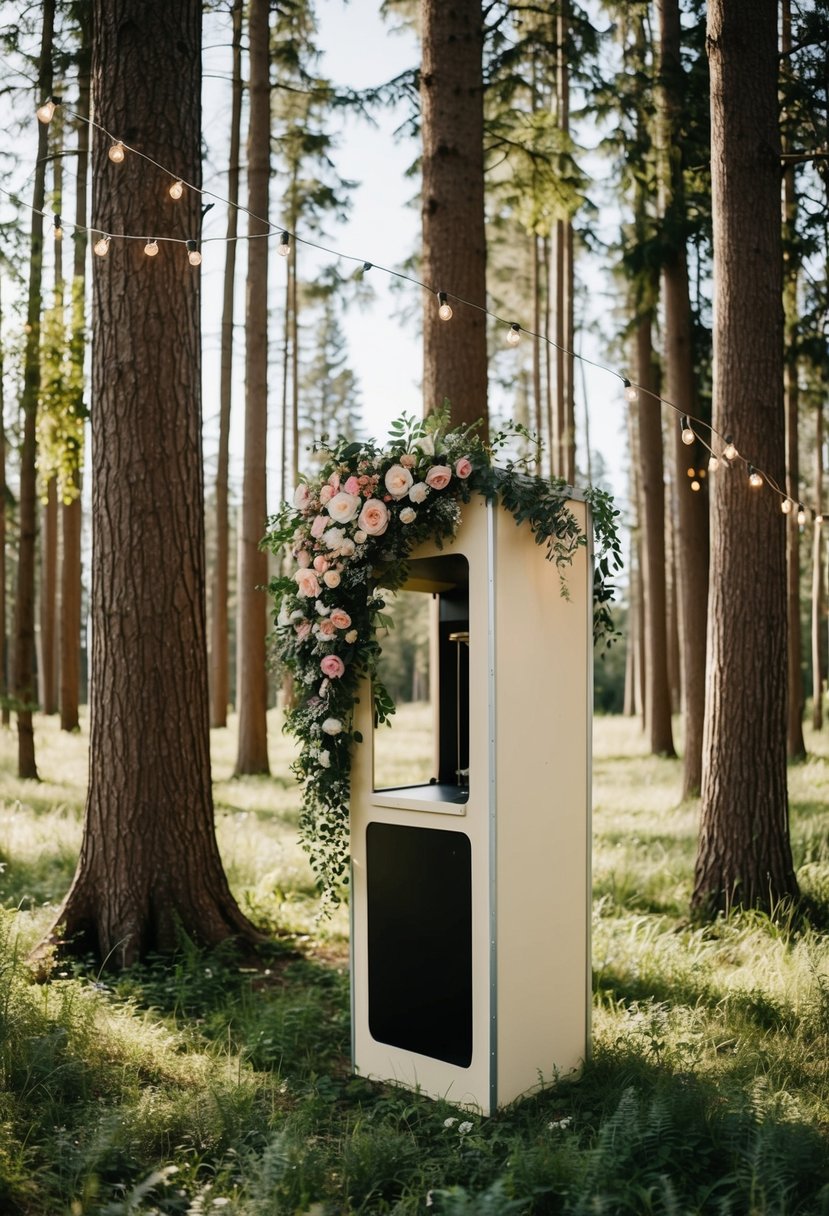 A vintage, floral-adorned photo booth nestled among tall trees in a sun-dappled forest clearing. Fairy lights and hanging greenery add a magical touch