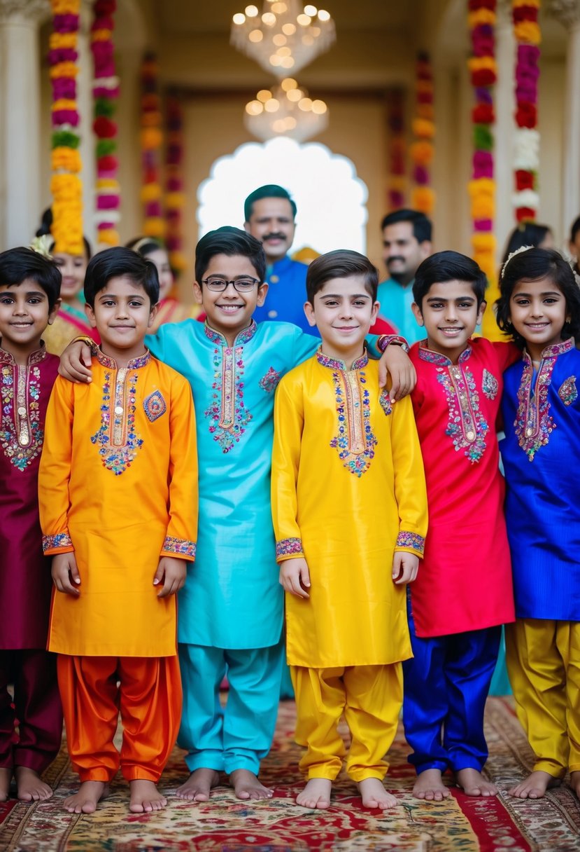 A group of kids wearing colorful kurta pajamas at an Indian wedding, with vibrant patterns and embroidery