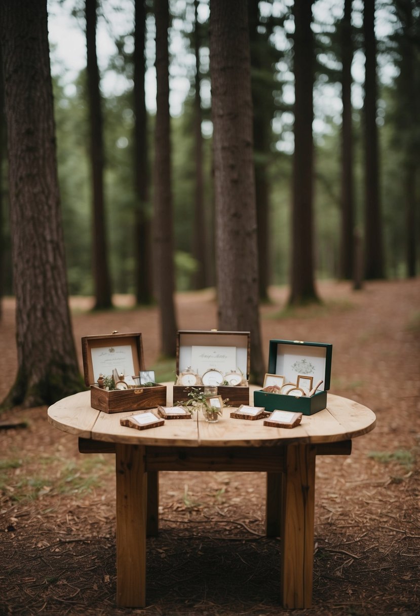 A rustic wooden table displays handcrafted keepsakes amidst a forest backdrop at a woodland wedding