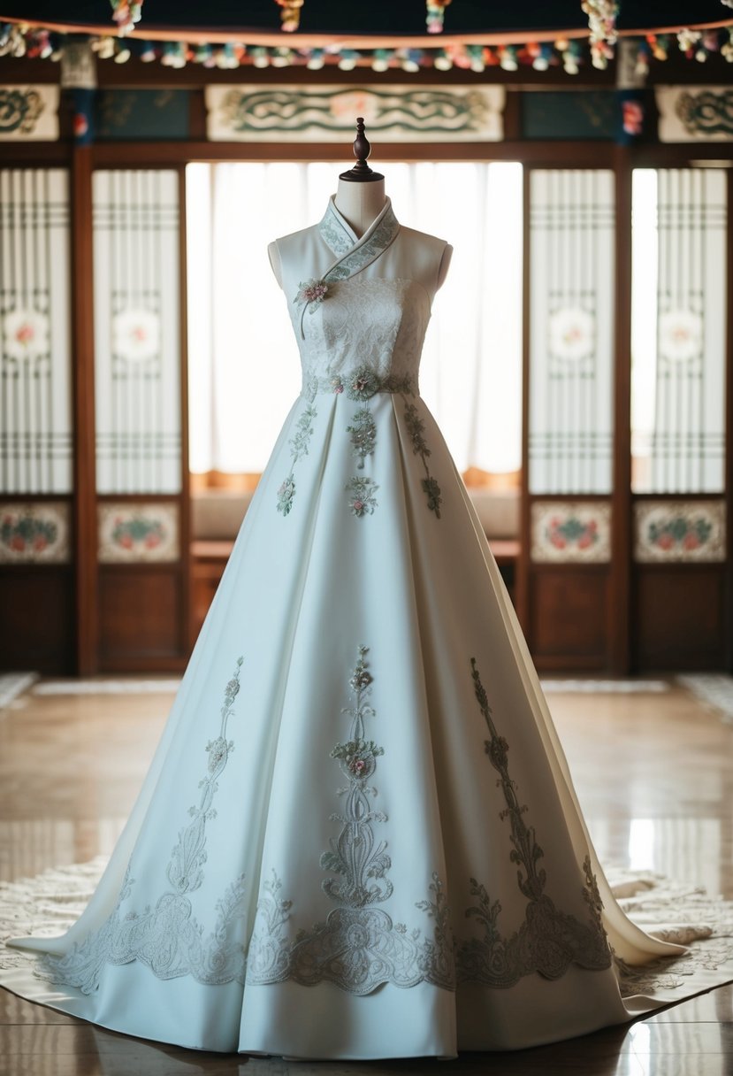 An elegant Korean wedding dress displayed on a mannequin in a softly lit traditional setting with intricate embroidery and delicate lace details