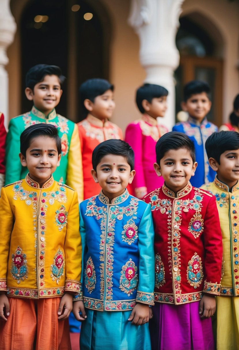 A group of children wearing colorful Nehru jackets at an Indian wedding, with intricate embroidery and vibrant patterns