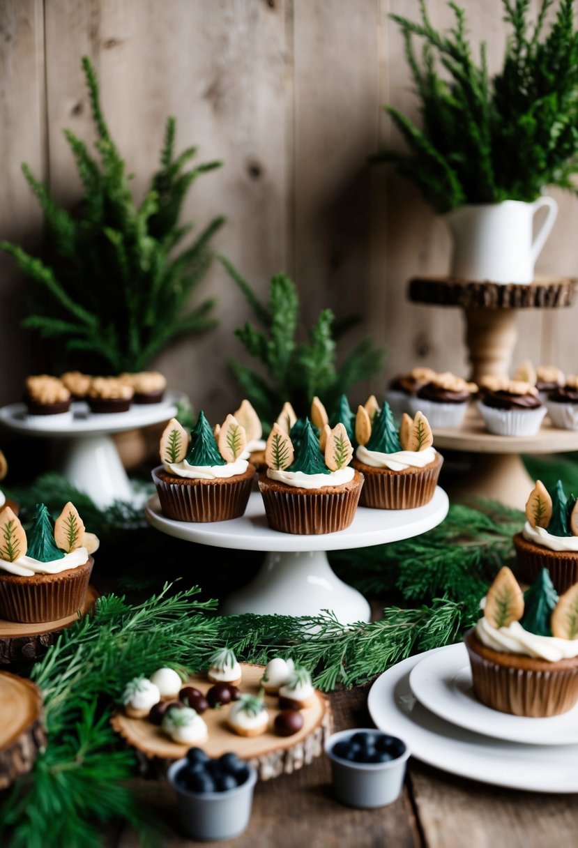 A dessert table adorned with forest-inspired treats, surrounded by rustic decor and greenery